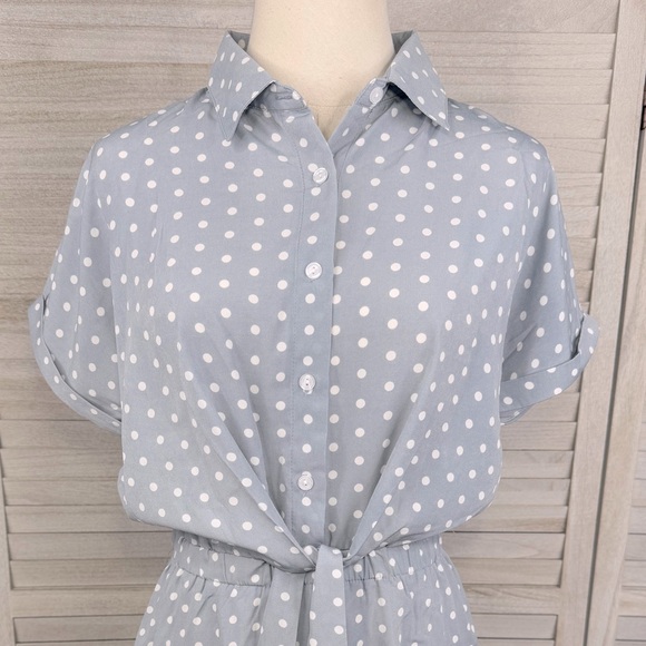 Polka Dot Shirt Dress with Front Tie Gray/White Dots-Medium - Picture 2 of 3